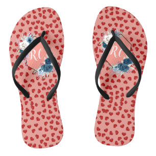 Chanclas Moda monogramada flor azul cardíaco rojo sobre ros