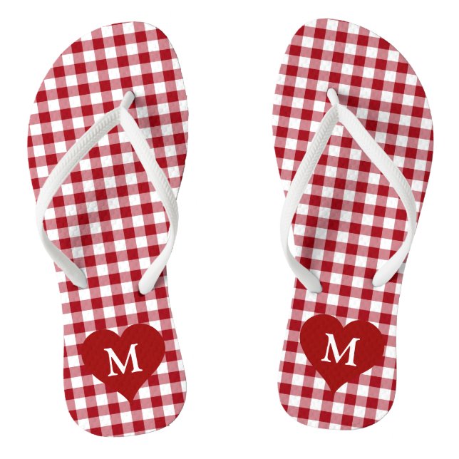Chanclas Moderno Monograma Rojo Gingham Check (Plantilla)