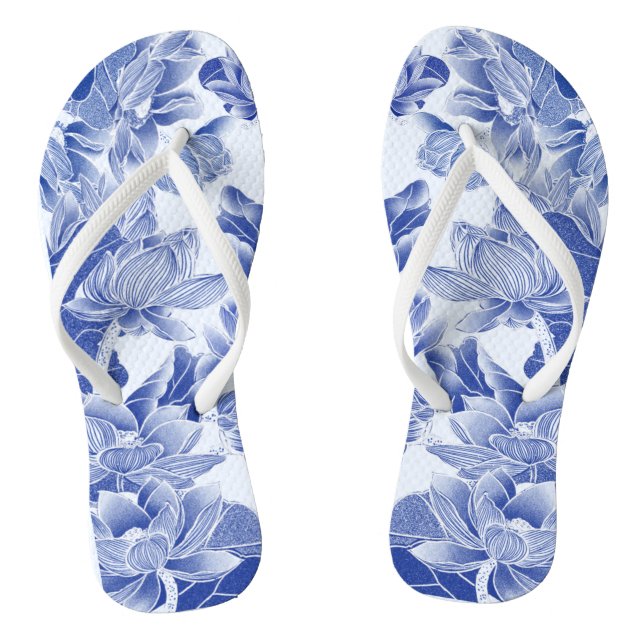 Chanclas Moderno retro azul salvaje Chinoiserie Lotus Flora (Plantilla)