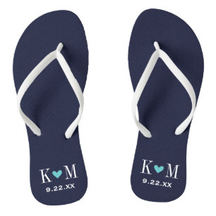 Chanclas Monograma Boda moderno de la marina y el turquesa