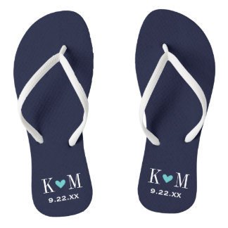 Chanclas Monograma Boda moderno de la marina y el turquesa