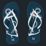Chanclas Monograma de anclaje de cosecha azul rustico<br><div class="desc">Personalizado imprimió sandalias "flip-flop" con un ilustracion de anclaje náutico rústico vintage y su monograma personalizado u otro texto. Haga clic en Personalizar para cambiar los tipos de letra y los colores del texto o para agregar sus propias imágenes para crear un diseño único de un tipo.</div>