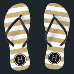 Chanclas Monograma de bandas de adormidera de oro y negro<br><div class="desc">Personalizado imprimió sandalias "flip-flop" con un patrón de franja náutica preppy y su monograma personalizado u otro texto en un marco circular. Haga clic en Personalizar para cambiar los tipos de letra y los colores del texto o para agregar sus propias imágenes para crear un diseño único de un tipo....</div>