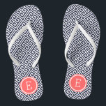 Chanclas Monograma de clave griega marina y coral<br><div class="desc">Personalizado imprimió sandalias "flip flop" con un elegante y moderno patrón de clave griega y su monograma personalizado u otro texto en un marco circular. Haga clic en Personalizar para cambiar los tipos de letra y los colores del texto o para agregar sus propias imágenes para crear un diseño único...</div>