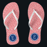 Chanclas Monograma de clave griega roja blanca y azul<br><div class="desc">Personalizado imprimió sandalias "flip flop" con un elegante y moderno patrón de clave griega y su monograma personalizado u otro texto en un marco circular. Haga clic en Personalizar para cambiar los tipos de letra y los colores del texto o para agregar sus propias imágenes para crear un diseño único...</div>