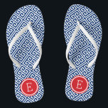 Chanclas Monograma de clave griega roja blanca y azul<br><div class="desc">Personalizado imprimió sandalias "flip flop" con un elegante y moderno patrón de clave griega y su monograma personalizado u otro texto en un marco circular. Haga clic en Personalizar para cambiar los tipos de letra y los colores del texto o para agregar sus propias imágenes para crear un diseño único...</div>