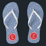 Chanclas Monograma de clave griega roja blanca y azul<br><div class="desc">Personalizado imprimió sandalias "flip flop" con un elegante y moderno patrón de clave griega y su monograma personalizado u otro texto en un marco circular. Haga clic en Personalizar para cambiar los tipos de letra y los colores del texto o para agregar sus propias imágenes para crear un diseño único...</div>