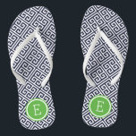 Chanclas Monograma de clave griega verde y marina<br><div class="desc">Personalizado imprimió sandalias "flip flop" con un elegante y moderno patrón de clave griega y su monograma personalizado u otro texto en un marco circular. Haga clic en Personalizar para cambiar los tipos de letra y los colores del texto o para agregar sus propias imágenes para crear un diseño único...</div>