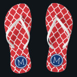 Chanclas Monograma de cuatrefolios rojo blanco y azul marro<br><div class="desc">Personalizado imprimió sandalias "flip flop" con un elegante patrón marroquí de quatrefoil y su monograma personalizado u otro texto en un marco circular. Haga clic en Personalizar para cambiar los tipos de letra y los colores del texto o para agregar sus propias imágenes para crear un diseño único de un...</div>