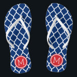 Chanclas Monograma de cuatrefolios rojo blanco y azul marro<br><div class="desc">Personalizado imprimió sandalias "flip flop" con un elegante patrón marroquí de quatrefoil y su monograma personalizado u otro texto en un marco circular. Haga clic en Personalizar para cambiar los tipos de letra y los colores del texto o para agregar sus propias imágenes para crear un diseño único de un...</div>