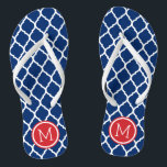 Chanclas Monograma de cuatrefolios rojo blanco y azul marro<br><div class="desc">Personalizado imprimió sandalias "flip flop" con un elegante patrón marroquí de quatrefoil y su monograma personalizado u otro texto en un marco circular. Haga clic en Personalizar para cambiar los tipos de letra y los colores del texto o para agregar sus propias imágenes para crear un diseño único de un...</div>