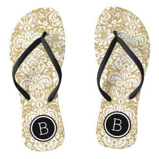 Chanclas Monograma de Damasco floral dorado y negro
