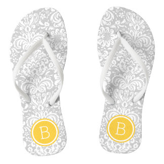 Chanclas Monograma de Damasco floral gris y amarillo