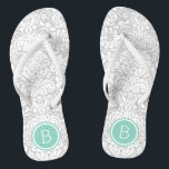 Chanclas Monograma de Damasco Floral Gris y Aqua<br><div class="desc">Personalizado imprimió sandalias de voladizo con un elegante y elegante patrón de damasco floral y su monograma personalizado u otro texto en un marco circular. Haga clic en Personalizar para cambiar los tipos de letra y los colores del texto o para agregar sus propias imágenes para crear un diseño único...</div>