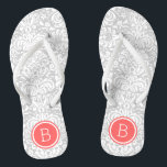Chanclas Monograma de Damasco Floral Gris y Coral<br><div class="desc">Personalizado imprimió sandalias de voladizo con un elegante y elegante patrón de damasco floral y su monograma personalizado u otro texto en un marco circular. Haga clic en Personalizar para cambiar los tipos de letra y los colores del texto o para agregar sus propias imágenes para crear un diseño único...</div>