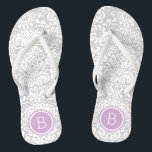 Chanclas Monograma de Damasco Floral Gris y Púrpura<br><div class="desc">Personalizado imprimió sandalias de voladizo con un elegante y elegante patrón de damasco floral y su monograma personalizado u otro texto en un marco circular. Haga clic en Personalizar para cambiar los tipos de letra y los colores del texto o para agregar sus propias imágenes para crear un diseño único...</div>