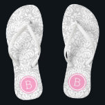 Chanclas Monograma de Damasco Floral Gris y Rosa<br><div class="desc">Personalizado imprimió sandalias de voladizo con un elegante y elegante patrón de damasco floral y su monograma personalizado u otro texto en un marco circular. Haga clic en Personalizar para cambiar los tipos de letra y los colores del texto o para agregar sus propias imágenes para crear un diseño único...</div>