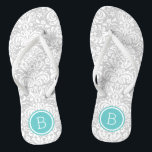 Chanclas Monograma de Damasco Floral Gris y Turquesa<br><div class="desc">Personalizado imprimió sandalias de voladizo con un elegante y elegante patrón de damasco floral y su monograma personalizado u otro texto en un marco circular. Haga clic en Personalizar para cambiar los tipos de letra y los colores del texto o para agregar sus propias imágenes para crear un diseño único...</div>