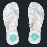 Chanclas Monograma de Damasco Floral Gris y Turquesa<br><div class="desc">Personalizado imprimió sandalias de voladizo con un elegante y elegante patrón de damasco floral y su monograma personalizado u otro texto en un marco circular. Haga clic en Personalizar para cambiar los tipos de letra y los colores del texto o para agregar sus propias imágenes para crear un diseño único...</div>