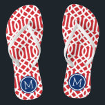 Chanclas Monograma de enrejado rojo blanco y azul<br><div class="desc">Personalizado imprimió sandalias "flip-flop" con un elegante diseño moderno y un monograma personalizado u otro texto en un marco circular. Haga clic en Personalizar para cambiar los tipos de letra y los colores del texto o para agregar sus propias imágenes para crear un diseño único de un tipo.</div>