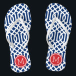 Chanclas Monograma de enrejado rojo blanco y azul<br><div class="desc">Personalizado imprimió sandalias "flip-flop" con un elegante diseño moderno y un monograma personalizado u otro texto en un marco circular. Haga clic en Personalizar para cambiar los tipos de letra y los colores del texto o para agregar sus propias imágenes para crear un diseño único de un tipo.</div>