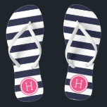 Chanclas Monograma de franjas de cachorro rosadas y de la m<br><div class="desc">Personalizado imprimió sandalias "flip-flop" con un patrón de franja náutica preppy y su monograma personalizado u otro texto en un marco circular. Haga clic en Personalizar para cambiar los tipos de letra y los colores del texto o para agregar sus propias imágenes para crear un diseño único de un tipo....</div>