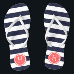Chanclas Monograma de franjas de coral y de la marina<br><div class="desc">Personalizado imprimió sandalias "flip-flop" con un patrón de franja náutica preppy y su monograma personalizado u otro texto en un marco circular. Haga clic en Personalizar para cambiar los tipos de letra y los colores del texto o para agregar sus propias imágenes para crear un diseño único de un tipo....</div>