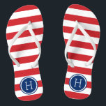 Chanclas Monograma de franjas de perrito rojo blanco y azul<br><div class="desc">Personalizado imprimió sandalias "flip-flop" con un patrón de franja náutica preppy y su monograma personalizado u otro texto en un marco circular. Haga clic en Personalizar para cambiar los tipos de letra y los colores del texto o para agregar sus propias imágenes para crear un diseño único de un tipo....</div>