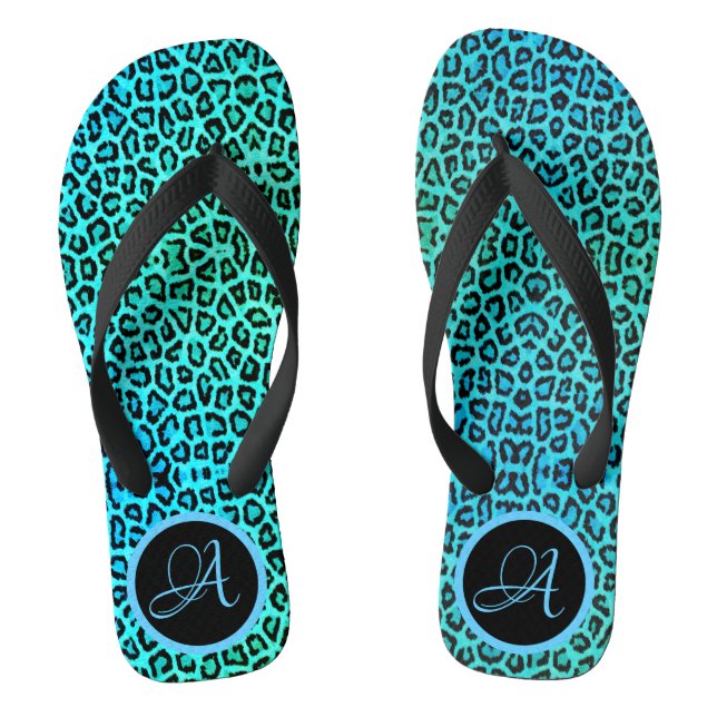 Chanclas Monograma de impresión Neon Turquoise Leopardo (Plantilla)