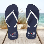 Chanclas Monograma de la Marina y el Boda Coral Moderno<br><div class="desc">Personalizado imprimió sandalias de "flip flop" personalizadas con un corazón lindo y sus iniciales de monograma y fecha de boda. Haga clic en Personalizar para cambiar los tipos de letra y los colores del texto o para agregar sus propias imágenes para crear un diseño único de un tipo.</div>