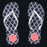 Chanclas Monograma de la Marina y el Coral Marroquí<br><div class="desc">Personalizado imprimió sandalias "flip flop" con un elegante patrón marroquí de quatrefoil y su monograma personalizado u otro texto en un marco circular. Haga clic en Personalizar para cambiar los tipos de letra y los colores del texto o para agregar sus propias imágenes para crear un diseño único de un...</div>