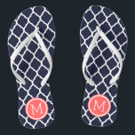 Chanclas Monograma de la Marina y el Coral Marroquí<br><div class="desc">Personalizado imprimió sandalias "flip flop" con un elegante patrón marroquí de quatrefoil y su monograma personalizado u otro texto en un marco circular. Haga clic en Personalizar para cambiar los tipos de letra y los colores del texto o para agregar sus propias imágenes para crear un diseño único de un...</div>