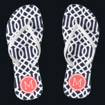 Chanclas Monograma de la Marina y el Coral Trellis<br><div class="desc">Personalizado imprimió sandalias "flip-flop" con un elegante diseño moderno y un monograma personalizado u otro texto en un marco circular. Haga clic en Personalizar para cambiar los tipos de letra y los colores del texto o para agregar sus propias imágenes para crear un diseño único de un tipo.</div>