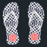 Chanclas Monograma de la Marina y el Coral Trellis<br><div class="desc">Personalizado imprimió sandalias "flip-flop" con un elegante diseño moderno y un monograma personalizado u otro texto en un marco circular. Haga clic en Personalizar para cambiar los tipos de letra y los colores del texto o para agregar sus propias imágenes para crear un diseño único de un tipo.</div>