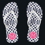 Chanclas Monograma de la marina y el mosaico rosado<br><div class="desc">Personalizado imprimió sandalias "flip-flop" con un elegante diseño moderno y un monograma personalizado u otro texto en un marco circular. Haga clic en Personalizar para cambiar los tipos de letra y los colores del texto o para agregar sus propias imágenes para crear un diseño único de un tipo.</div>