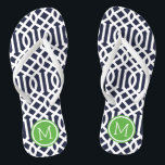Chanclas Monograma de la marina y el mosaico verde<br><div class="desc">Personalizado imprimió sandalias "flip-flop" con un elegante diseño moderno y un monograma personalizado u otro texto en un marco circular. Haga clic en Personalizar para cambiar los tipos de letra y los colores del texto o para agregar sus propias imágenes para crear un diseño único de un tipo.</div>