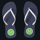 Chanclas Monograma de la Marina y los puntos pequeños verde<br><div class="desc">Personalizado imprimió sandalias de flexión con un lindo patrón de puntas de polka femenina y su monograma personalizado u otro texto en un marco de círculo. Haga clic en Personalizar para cambiar los tipos de letra y los colores del texto o para agregar sus propias imágenes para crear un diseño...</div>