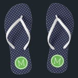 Chanclas Monograma de la Marina y los puntos pequeños verde<br><div class="desc">Personalizado imprimió sandalias de flexión con un lindo patrón de puntas de polka femenina y su monograma personalizado u otro texto en un marco de círculo. Haga clic en Personalizar para cambiar los tipos de letra y los colores del texto o para agregar sus propias imágenes para crear un diseño...</div>
