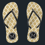 Chanclas Monograma de oro y quatrefoil marroquí negro<br><div class="desc">Personalizado imprimió sandalias "flip flop" con un elegante patrón marroquí de quatrefoil y su monograma personalizado u otro texto en un marco circular. Haga clic en Personalizar para cambiar los tipos de letra y los colores del texto o para agregar sus propias imágenes para crear un diseño único de un...</div>