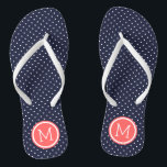Chanclas Monograma de pequeños puntos de la marina y el cor<br><div class="desc">Personalizado imprimió sandalias de flexión con un lindo patrón de puntas de polka femenina y su monograma personalizado u otro texto en un marco de círculo. Haga clic en Personalizar para cambiar los tipos de letra y los colores del texto o para agregar sus propias imágenes para crear un diseño...</div>