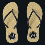 Chanclas Monograma de puntos pequeños dorados y negros<br><div class="desc">Personalizado imprimió sandalias de flexión con un lindo patrón de puntas de polka femenina y su monograma personalizado u otro texto en un marco de círculo. Haga clic en Personalizar para cambiar los tipos de letra y los colores del texto o para agregar sus propias imágenes para crear un diseño...</div>