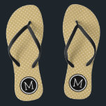 Chanclas Monograma de puntos pequeños dorados y negros<br><div class="desc">Personalizado imprimió sandalias de flexión con un lindo patrón de puntas de polka femenina y su monograma personalizado u otro texto en un marco de círculo. Haga clic en Personalizar para cambiar los tipos de letra y los colores del texto o para agregar sus propias imágenes para crear un diseño...</div>