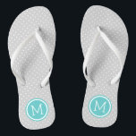 Chanclas Monograma de puntos pequeños grises y turquesas<br><div class="desc">Personalizado imprimió sandalias de flexión con un lindo patrón de puntas de polka femenina y su monograma personalizado u otro texto en un marco de círculo. Haga clic en Personalizar para cambiar los tipos de letra y los colores del texto o para agregar sus propias imágenes para crear un diseño...</div>