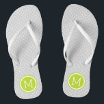 Chanclas Monograma de puntos pequeños grises y verdes<br><div class="desc">Personalizado imprimió sandalias de flexión con un lindo patrón de puntas de polka femenina y su monograma personalizado u otro texto en un marco de círculo. Haga clic en Personalizar para cambiar los tipos de letra y los colores del texto o para agregar sus propias imágenes para crear un diseño...</div>