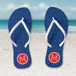 Chanclas Monograma de puntos pequeños rojo blanco y azul<br><div class="desc">Personalizado imprimió sandalias de flexión con un lindo patrón de puntas de polka femenina y su monograma personalizado u otro texto en un marco de círculo. Haga clic en Personalizar para cambiar los tipos de letra y los colores del texto o para agregar sus propias imágenes para crear un diseño...</div>