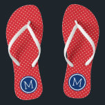 Chanclas Monograma de puntos pequeños rojo blanco y azul<br><div class="desc">Personalizado imprimió sandalias de flexión con un lindo patrón de puntas de polka femenina y su monograma personalizado u otro texto en un marco de círculo. Haga clic en Personalizar para cambiar los tipos de letra y los colores del texto o para agregar sus propias imágenes para crear un diseño...</div>