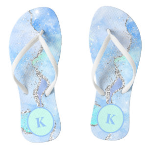 Chanclas Monograma de remolino de mármol plateado verde azu