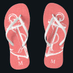 Chanclas Monograma del ancla de coral rústico<br><div class="desc">Personalizado imprimió sandalias "flip-flop" con un ilustracion de anclaje náutico rústico vintage y su monograma personalizado u otro texto. Haga clic en Personalizar para cambiar los tipos de letra y los colores del texto o para agregar sus propias imágenes para crear un diseño único de un tipo.</div>