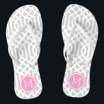 Chanclas Monograma del enlistado gris y rosa<br><div class="desc">Personalizado imprimió sandalias "flip-flop" con un elegante diseño moderno y un monograma personalizado u otro texto en un marco circular. Haga clic en Personalizar para cambiar los tipos de letra y los colores del texto o para agregar sus propias imágenes para crear un diseño único de un tipo.</div>