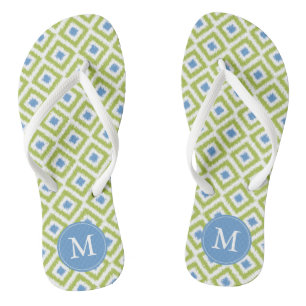 Chanclas Monograma del patrón de Ikat verde y azul